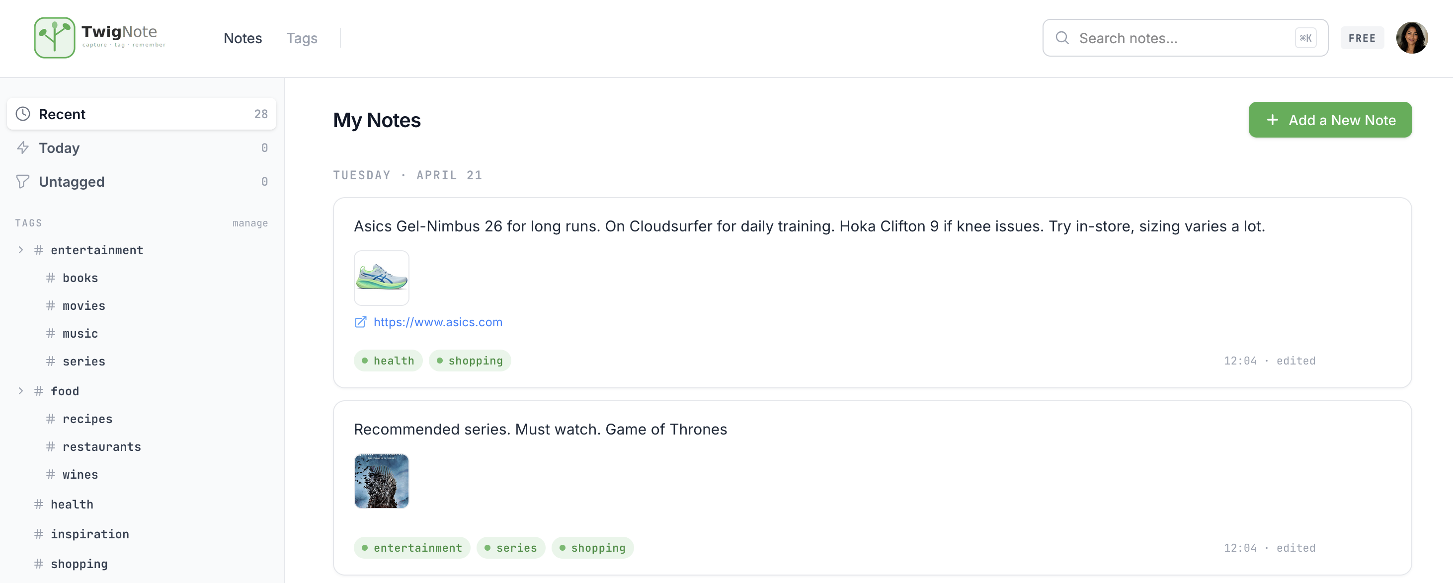 TwigNote app screenshot